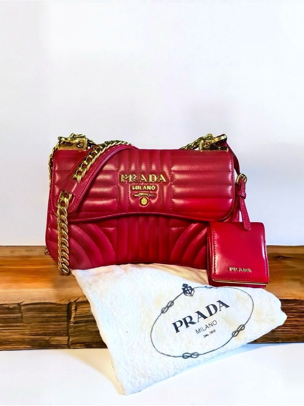 Prada Diagramme Quilted Red Leather Shoulder Bag Chain Strap Crossbody + Dustbag